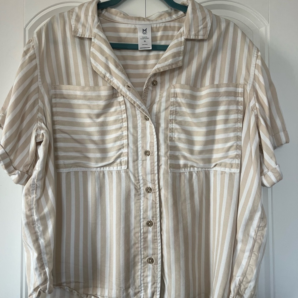 Striped Beige Button-Up Women's Top